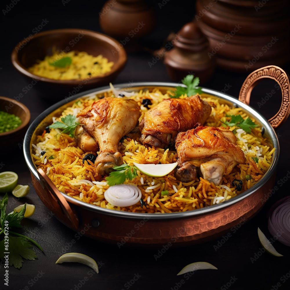 Dum chicken biriyani, close up image of Kerala-Thalassery biriyani which is mixed with masala arranged in a copper serving bowl and garnished with lemon slices placed on graphite texture. Dum chicken biriyani, close up image of Kerala-Thalassery biriyani which is mixed with masala arranged in a copper serving bowl and garnished with lemon slices placed on graphite texture.