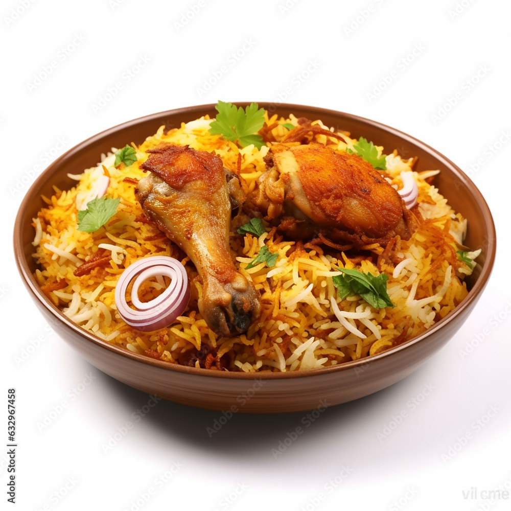 Dum chicken biriyani, close up image of Kerala-Thalassery biriyani which is mixed with masala arranged in a copper serving bowl and garnished with lemon slices placed on graphite texture. Dum chicken biriyani, close up image of Kerala-Thalassery biriyani which is mixed with masala arranged in a copper serving bowl and garnished with lemon slices placed on graphite texture.