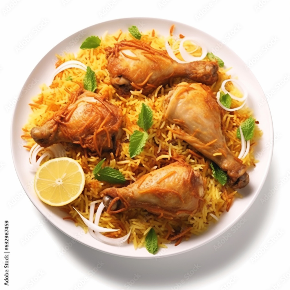 Dum chicken biriyani, close up image of Kerala-Thalassery biriyani which is mixed with masala arranged in a copper serving bowl and garnished with lemon slices placed on graphite texture. Dum chicken biriyani, close up image of Kerala-Thalassery biriyani which is mixed with masala arranged in a copper serving bowl and garnished with lemon slices placed on graphite texture.