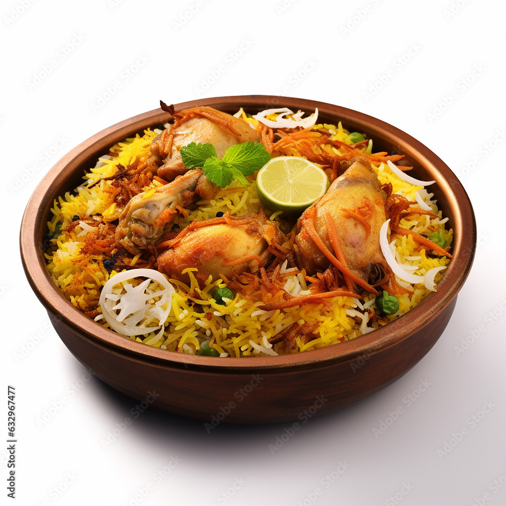Dum chicken biriyani, close up image of Kerala-Thalassery biriyani which is mixed with masala arranged in a copper serving bowl and garnished with lemon slices placed on graphite texture. Dum chicken biriyani, close up image of Kerala-Thalassery biriyani which is mixed with masala arranged in a copper serving bowl and garnished with lemon slices placed on graphite texture.