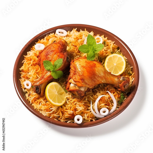 Dum chicken biriyani, close up image of Kerala-Thalassery biriyani which is mixed with masala arranged in a copper serving bowl and garnished with lemon slices placed on graphite texture. photo