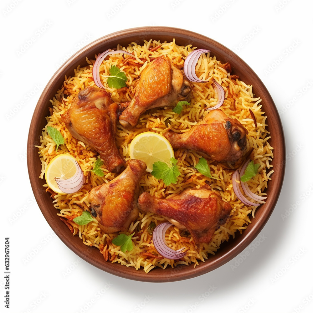 Dum chicken biriyani, close up image of Kerala-Thalassery biriyani which is mixed with masala arranged in a copper serving bowl and garnished with lemon slices placed on graphite texture. Dum chicken biriyani, close up image of Kerala-Thalassery biriyani which is mixed with masala arranged in a copper serving bowl and garnished with lemon slices placed on graphite texture.