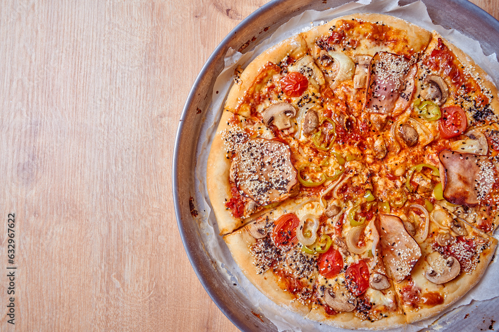 Home made, hot and organic Italian pizza on table. Mamma mia. Home made, hot and organic Italian pizza on table. Mamma mia.