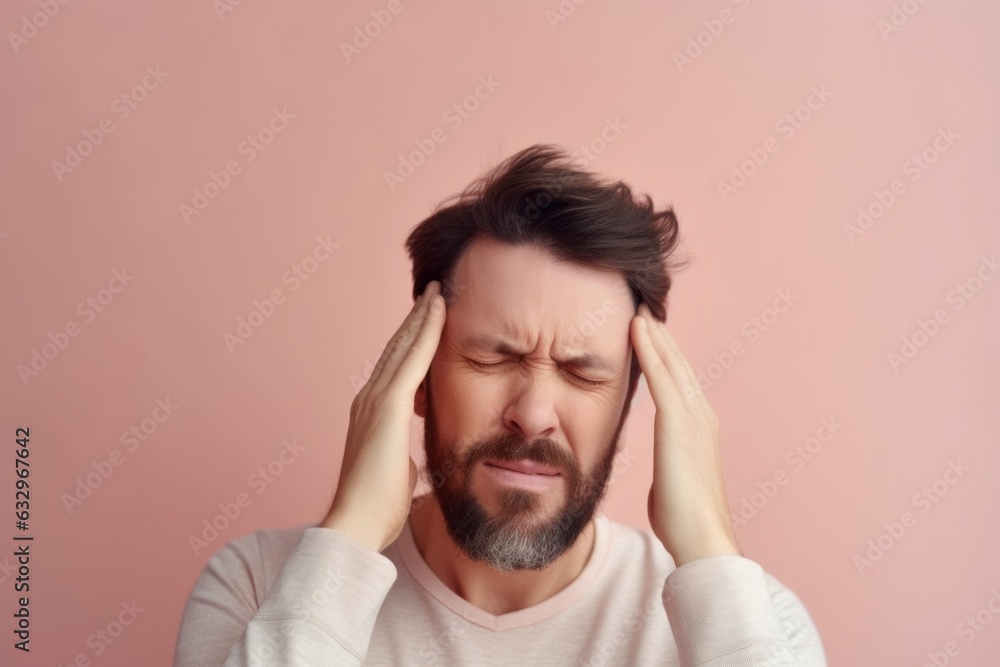 Medium shot portrait photography of a man in his 30s pressing his temple due to a migraine wearing a snuggly pajama set against a pastel or soft colors background Medium shot portrait photography of a man in his 30s pressing his temple due to a migraine wearing a snuggly pajama set against a pastel or soft colors background