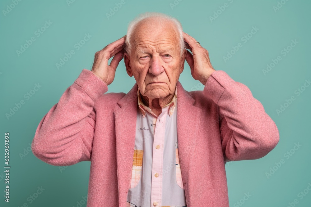 Group portrait photography of a man in his 90s pressing his temple due to a migraine wearing a chic cardigan against a pastel or soft colors background Group portrait photography of a man in his 90s pressing his temple due to a migraine wearing a chic cardigan against a pastel or soft colors background