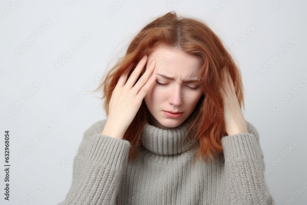Medium shot portrait photography of a woman in her 30s appearing weakened and pale because of anemia wearing a cozy sweater against a white background Medium shot portrait photography of a woman in her 30s appearing weakened and pale because of anemia wearing a cozy sweater against a white background