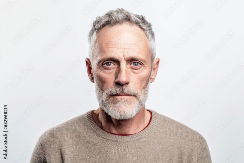 Medium shot portrait photography of a man in his 40s appearing weakened and pale because of anemia wearing a chic cardigan against a white background Medium shot portrait photography of a man in his 40s appearing weakened and pale because of anemia wearing a chic cardigan against a white background