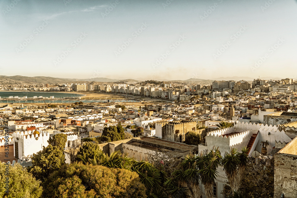 View of the sklyline of Tangier with the mediterranean sea and the ancient Medina, Tangier, Morocco