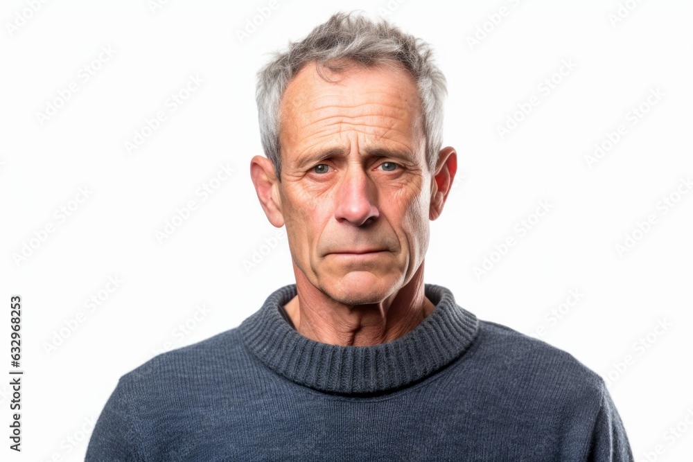 Group portrait photography of a man in his 50s appearing weakened and pale because of anemia wearing a cozy sweater against a white background Group portrait photography of a man in his 50s appearing weakened and pale because of anemia wearing a cozy sweater against a white background
