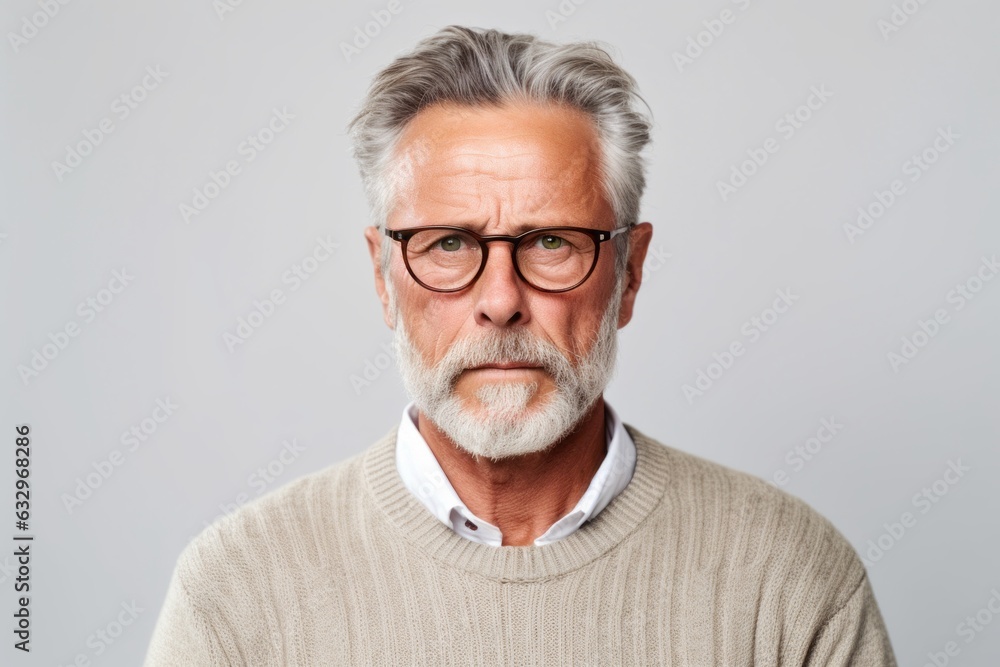 Medium shot portrait photography of a man in his 50s appearing weakened and pale because of anemia wearing a chic cardigan against a white background Medium shot portrait photography of a man in his 50s appearing weakened and pale because of anemia wearing a chic cardigan against a white background