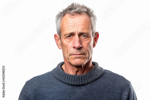 Group portrait photography of a man in his 50s appearing weakened and pale because of anemia wearing a cozy sweater against a white background 