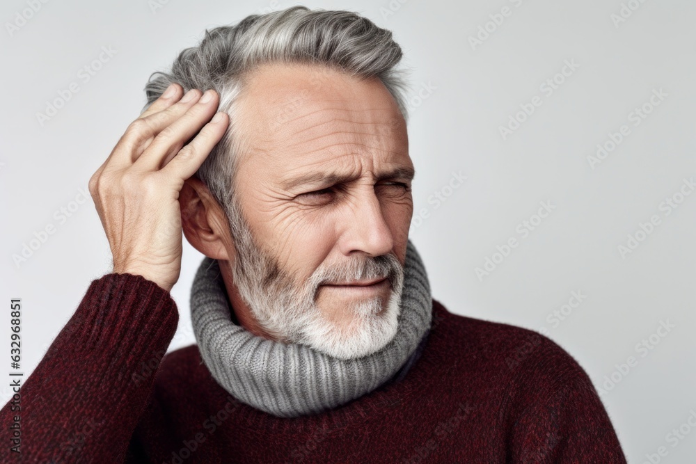 Lifestyle portrait photography of a man in his 40s cupping his ear in pain due to an ear infection wearing a chic cardigan against a white background Lifestyle portrait photography of a man in his 40s cupping his ear in pain due to an ear infection wearing a chic cardigan against a white background