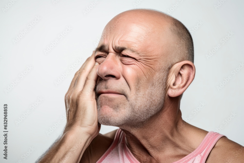 Lifestyle portrait photography of a man in his 40s cupping his ear in pain due to an ear infection wearing a sporty tank top against a white background Lifestyle portrait photography of a man in his 40s cupping his ear in pain due to an ear infection wearing a sporty tank top against a white background