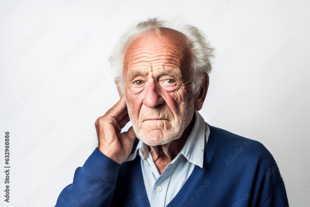 Lifestyle portrait photography of a man in his 80s cupping his ear in pain due to an ear infection wearing a chic cardigan against a white background Lifestyle portrait photography of a man in his 80s cupping his ear in pain due to an ear infection wearing a chic cardigan against a white background