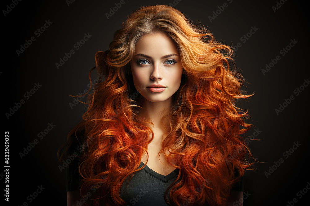 Porträt von einem Haarmodel mit Ombre Extension in dunkelblond, henna und rot vor dunklem Hintergrund präsentiert. Porträt von einem Haarmodel mit Ombre Extension in dunkelblond, henna und rot vor dunklem Hintergrund präsentiert.