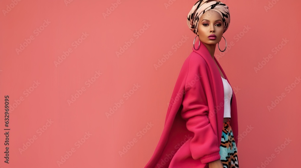 Stylish african american woman wearing pink cloth isolated on pink, fashion doll, 