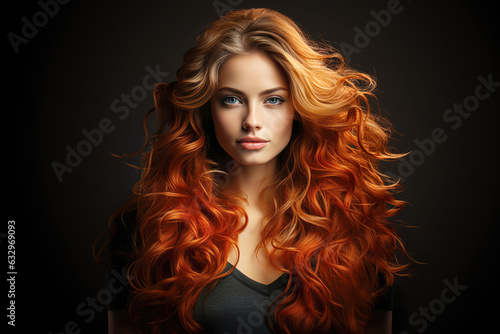 Porträt von einem Haarmodel mit Ombre Extension in dunkelblond, henna und rot vor dunklem Hintergrund präsentiert. photo