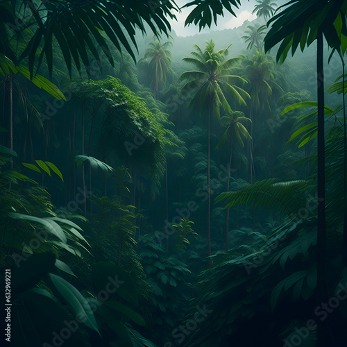 A lush, vibrant and mysterious deep tropical jungle with a cinematic feel 