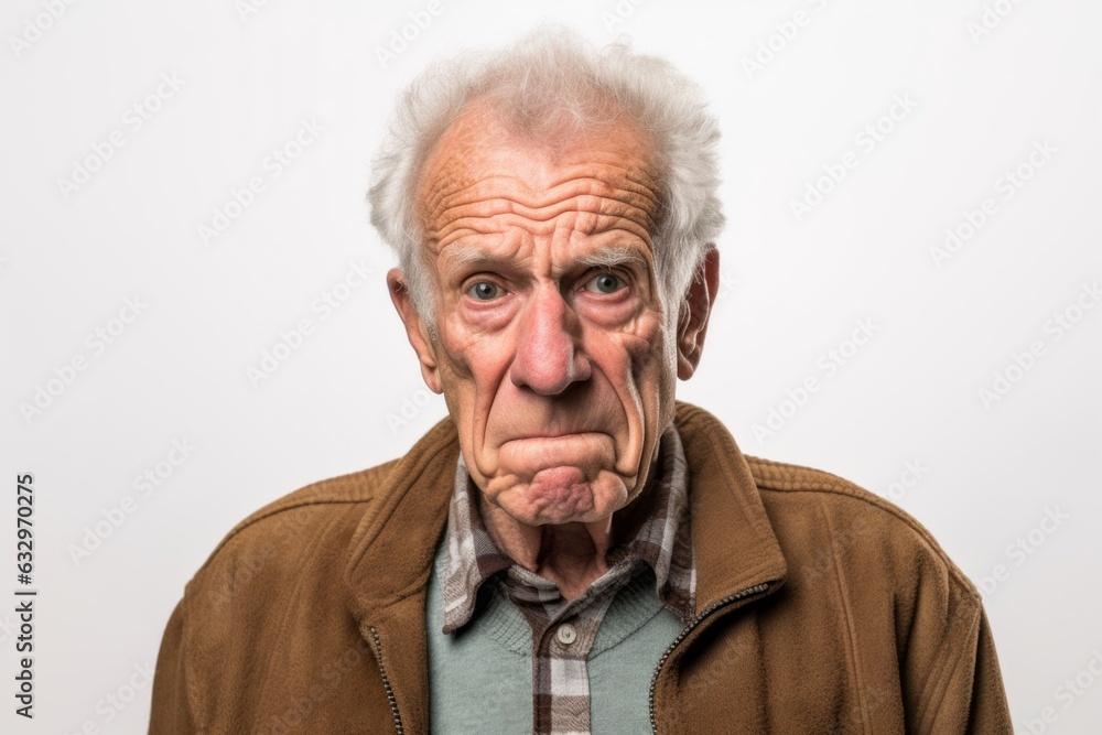 Medium shot portrait photography of a man in his 90s with a confused and distant expression due to Alzheimer disease wearing a chic cardigan against a white background Medium shot portrait photography of a man in his 90s with a confused and distant expression due to Alzheimer disease wearing a chic cardigan against a white background
