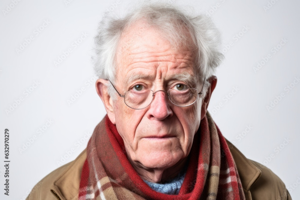 Group portrait photography of a man in his 80s with a confused and distant expression due to Alzheimer disease wearing a charming scarf against a white background Group portrait photography of a man in his 80s with a confused and distant expression due to Alzheimer disease wearing a charming scarf against a white background