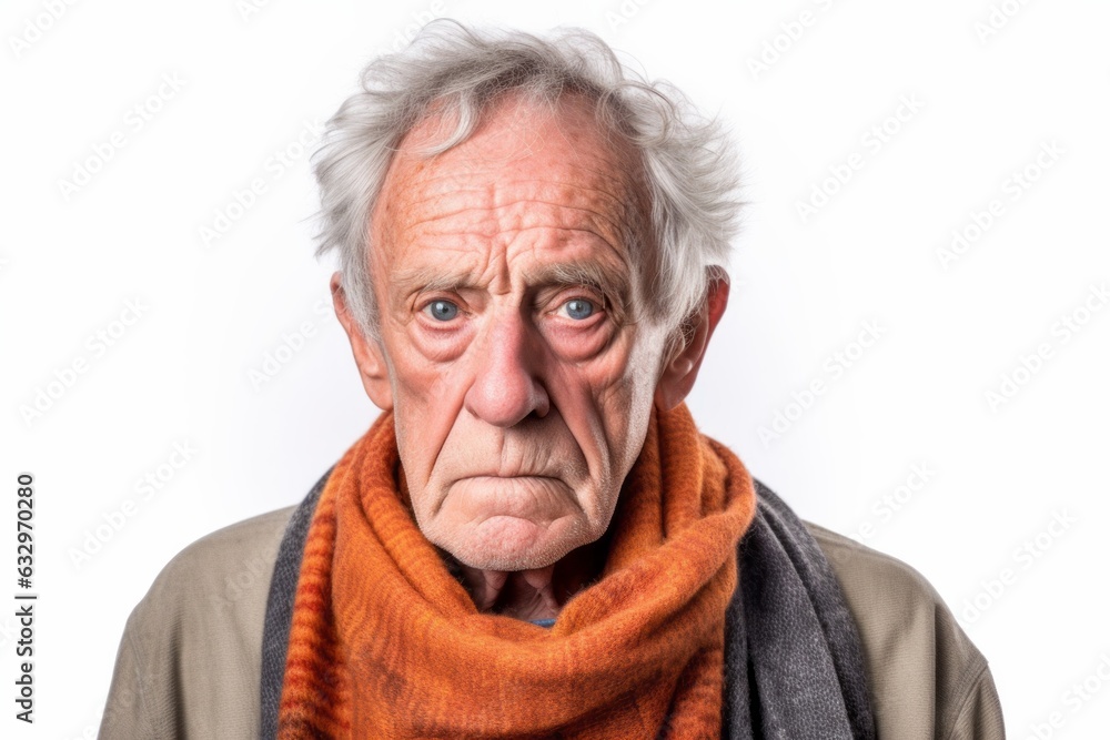 Group portrait photography of a man in his 80s with a confused and distant expression due to Alzheimer disease wearing a charming scarf against a white background Group portrait photography of a man in his 80s with a confused and distant expression due to Alzheimer disease wearing a charming scarf against a white background