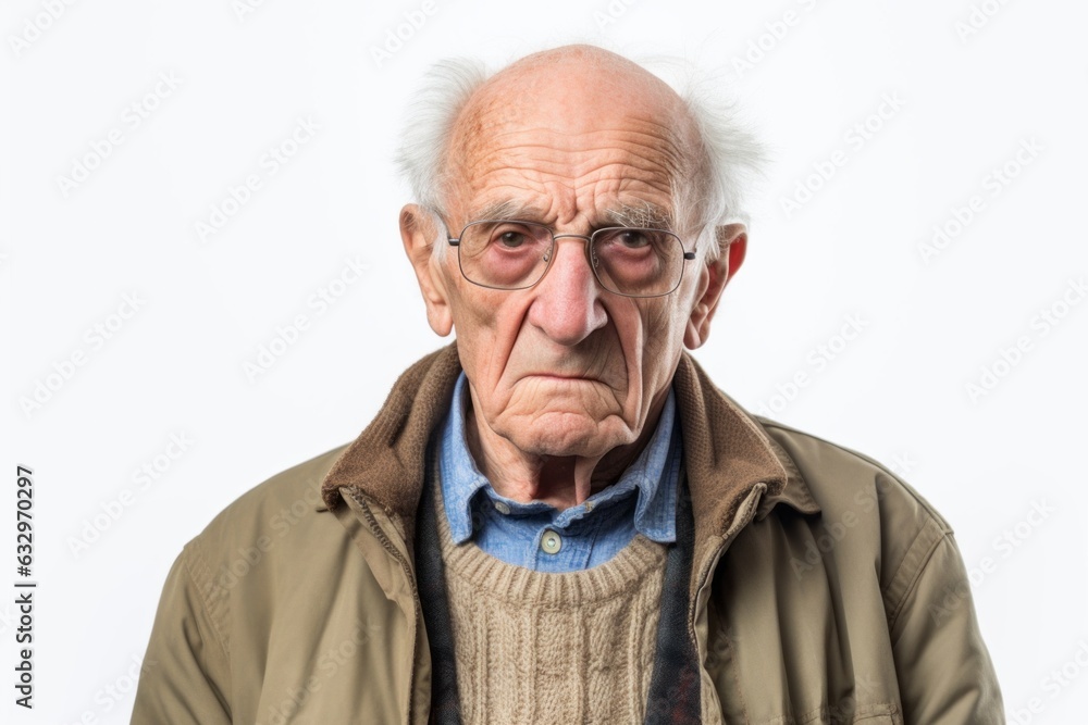 Medium shot portrait photography of a man in his 90s with a confused and distant expression due to Alzheimer disease wearing a chic cardigan against a white background Medium shot portrait photography of a man in his 90s with a confused and distant expression due to Alzheimer disease wearing a chic cardigan against a white background