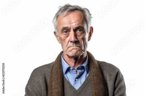Group portrait photography of a man in his 30s with a confused and distant expression due to Alzheimer disease wearing a chic cardigan against a white background 