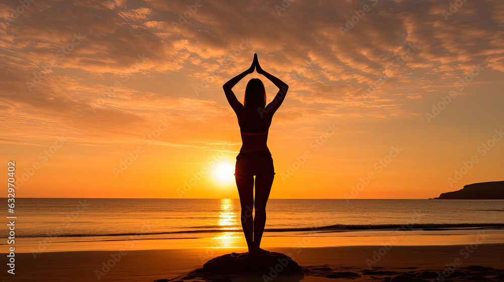 Silhouette young woman practicing yoga on the beach at sunset. Meditation. Generative Ai