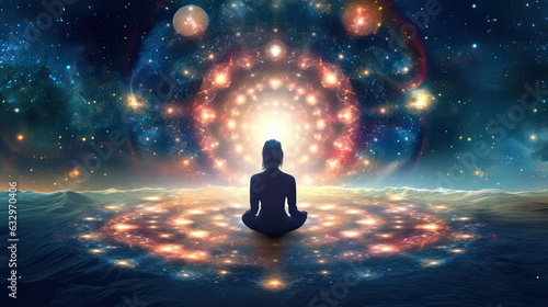 Meditating human silhouette in yoga lotus pose. Galaxy universe background. Colorful chakras and aura glow. Power of Mind. Psychic. Meditation and Spirituality Universe. Generative Ai