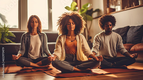 Young people do yoga at home with eyes closed, relaxing body and mind sitting on floor in living room. Mental health and meditation for no stress. Generative Ai
