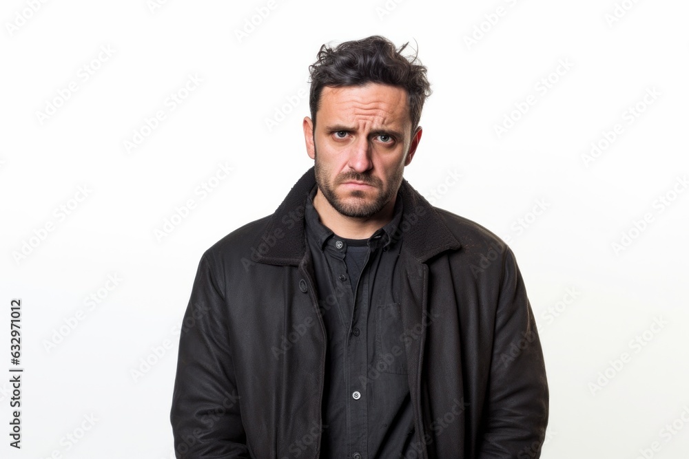 Medium shot portrait photography of a man in his 30s with a pained and tired expression due to fibromyalgia wearing a chic cardigan against a white background Medium shot portrait photography of a man in his 30s with a pained and tired expression due to fibromyalgia wearing a chic cardigan against a white background