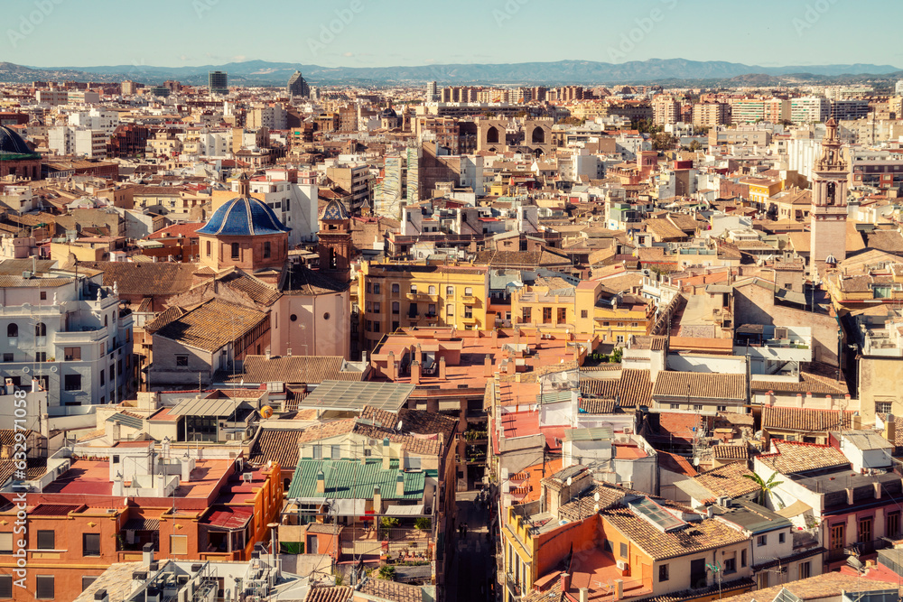 Elevated view of the city center of Valencia with rooftops of old houses and churches, Valencia, Spain