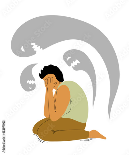 Despaired man sitting on the floor having fears and scary fantasies feeling sorrow, depression, sadness. Mental problems, Depression, grief concept. Vector illustration.