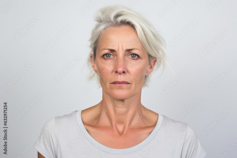 Medium shot portrait photography of a woman in her 40s with a pained and tired expression due to fibromyalgia wearing a casual t-shirt against a white background Medium shot portrait photography of a woman in her 40s with a pained and tired expression due to fibromyalgia wearing a casual t-shirt against a white background
