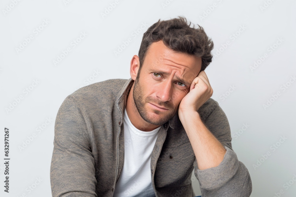 Lifestyle portrait photography of a man in his 30s with a pained and tired expression due to fibromyalgia wearing a chic cardigan against a white background Lifestyle portrait photography of a man in his 30s with a pained and tired expression due to fibromyalgia wearing a chic cardigan against a white background