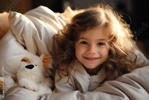 little girl with a teddy bear in a bed, ai generative
