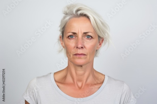 Medium shot portrait photography of a woman in her 40s with a pained and tired expression due to fibromyalgia wearing a casual t-shirt against a white background 