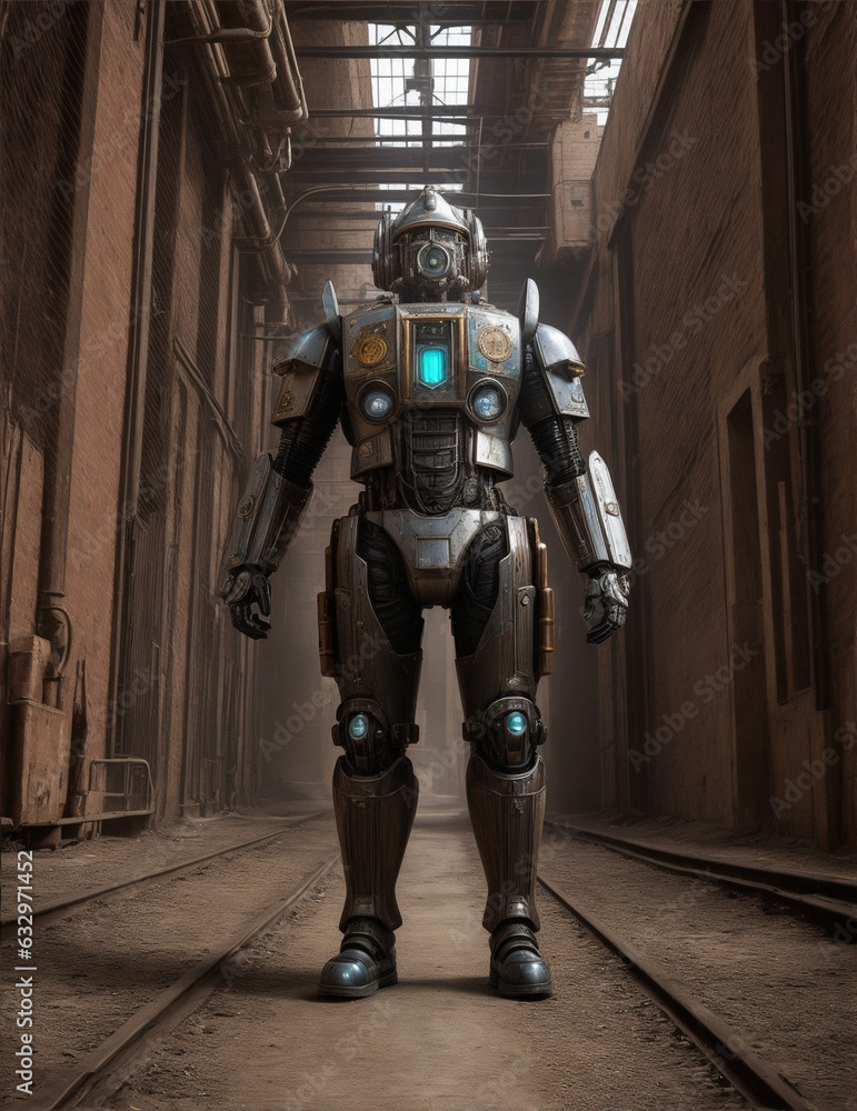 Hyperrealistic image of mechtorian rusty retrobot, Steampunk figures of mechtorians robots. Image created using artificial intelligence. Hyperrealistic image of mechtorian rusty retrobot, Steampunk figures of mechtorians robots. Image created using artificial intelligence.