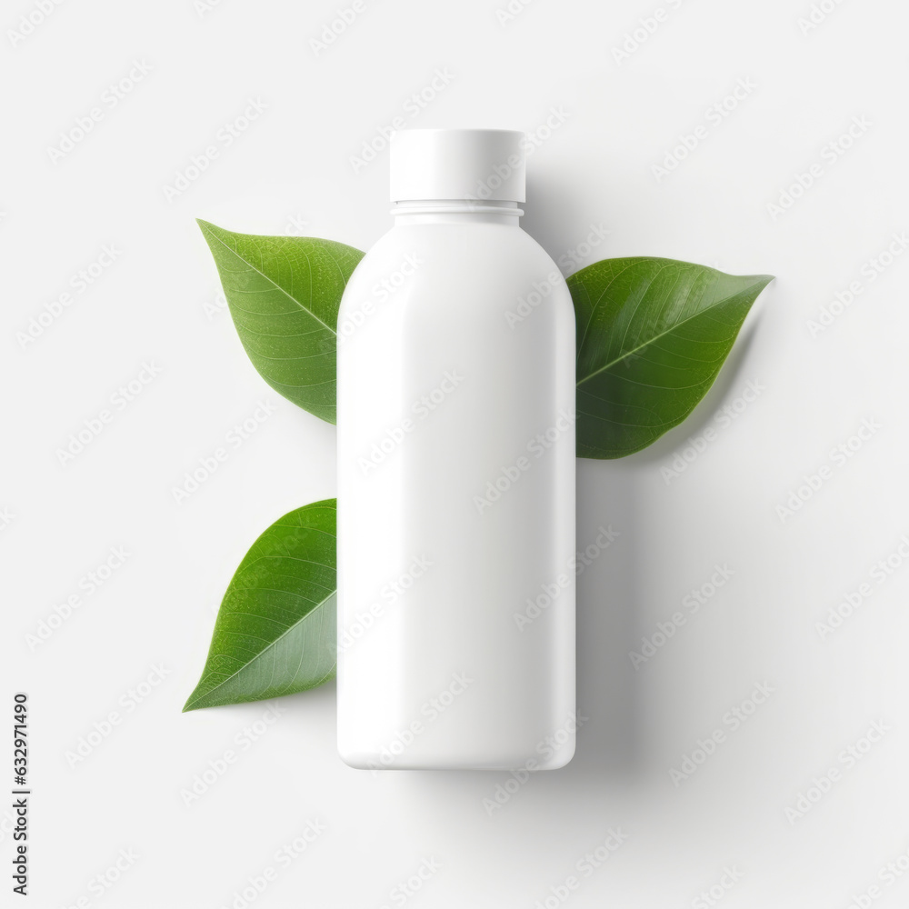 Blank plastic cosmetics container for cream or shampoo. Cosmetics bottle mockup with tropical leaves. Blank plastic cosmetics container for cream or shampoo. Cosmetics bottle mockup with tropical leaves.