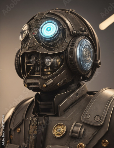 Hyperrealistic image of mechtorian rusty retrobot, Steampunk figures of mechtorians robots. Image created using artificial intelligence.