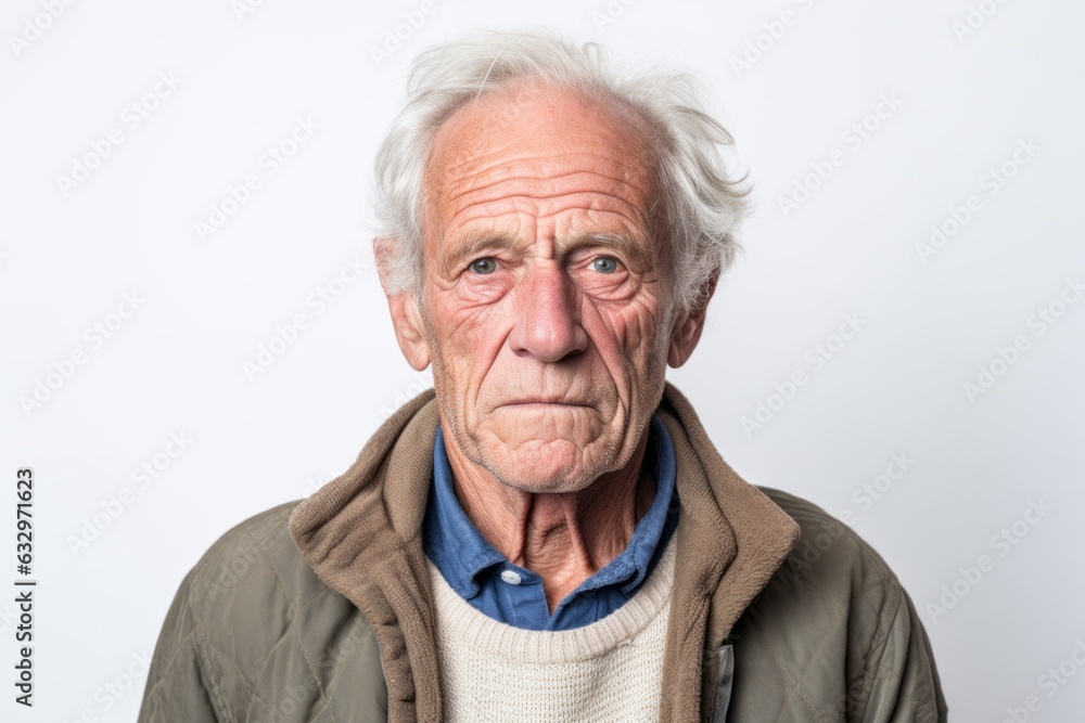 Medium shot portrait photography of a man in his 60s with a pained and tired expression due to fibromyalgia wearing a chic cardigan against a white background Medium shot portrait photography of a man in his 60s with a pained and tired expression due to fibromyalgia wearing a chic cardigan against a white background