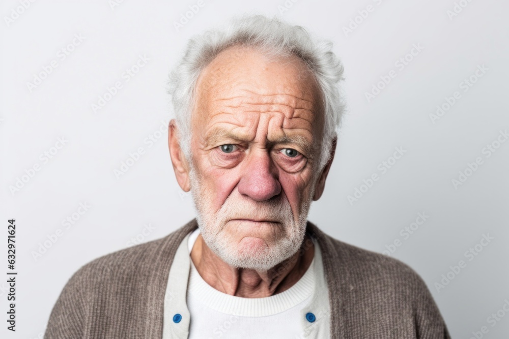Medium shot portrait photography of a man in his 60s with a pained and tired expression due to fibromyalgia wearing a chic cardigan against a white background Medium shot portrait photography of a man in his 60s with a pained and tired expression due to fibromyalgia wearing a chic cardigan against a white background