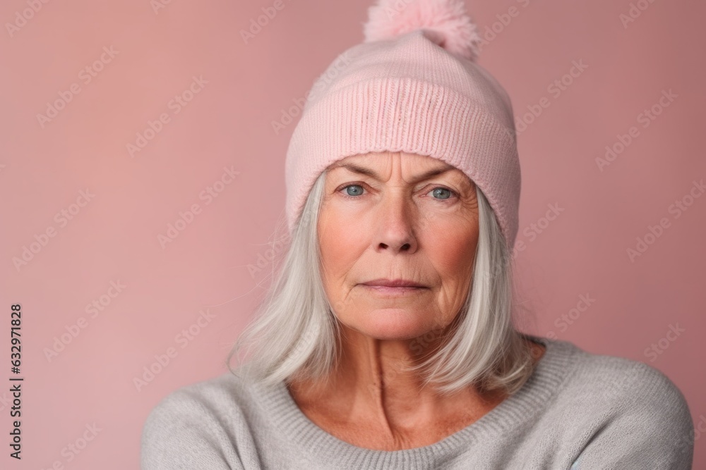 Lifestyle portrait photography of a woman in her 50s with a pained and tired expression due to fibromyalgia wearing a warm beanie or knit hat against a pastel or soft colors background Lifestyle portrait photography of a woman in her 50s with a pained and tired expression due to fibromyalgia wearing a warm beanie or knit hat against a pastel or soft colors background