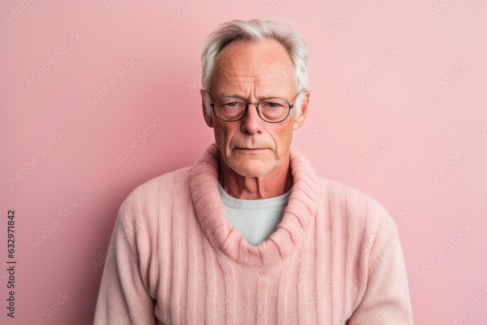 Obraz premium Medium shot portrait photography of a man in his 50s with a pained and tired expression due to fibromyalgia wearing a chic cardigan against a pastel or soft colors background 