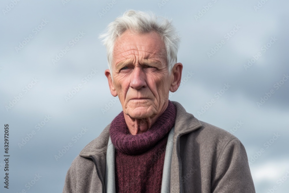 Group portrait photography of a man in his 60s with a pained and tired expression due to fibromyalgia wearing a chic cardigan against a sky background 