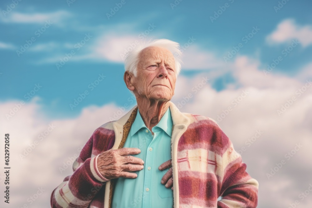 Lifestyle portrait photography of a man in his 80s with a pained and tired expression due to fibromyalgia wearing a chic cardigan against a sky and clouds background 