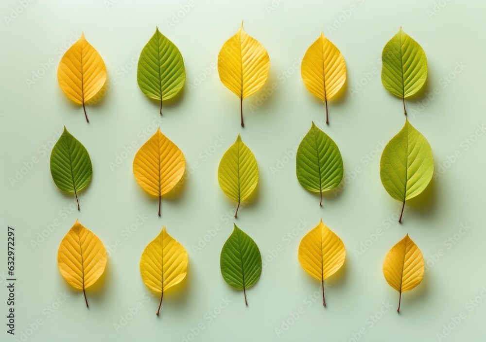Autumn tree leaves top view pattern gradually turning yellow. Fall seasonal background. Ai generated image Autumn tree leaves top view pattern gradually turning yellow. Fall seasonal background. Ai generated image