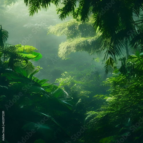 A lush  vibrant deep green tropical jungle  with a thick canopy of trees and a sense of exploration 