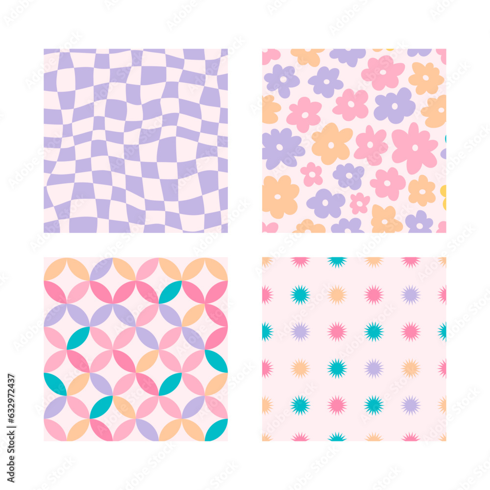 Groovy seamless patterns with daisy, chess, and stars. Set of vector backgrounds in trendy retro trippy y2k style. Lilac, pink and yellow colors. Fun cute hippie texture for surface design. Groovy seamless patterns with daisy, chess, and stars. Set of vector backgrounds in trendy retro trippy y2k style. Lilac, pink and yellow colors. Fun cute hippie texture for surface design.