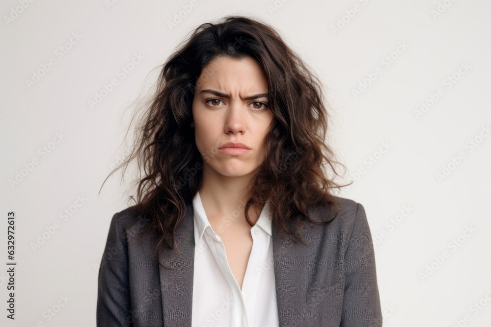 Medium shot portrait photography of a woman in her 30s appearing tired and down due to hypothyroidism wearing a classic blazer against a white background Medium shot portrait photography of a woman in her 30s appearing tired and down due to hypothyroidism wearing a classic blazer against a white background